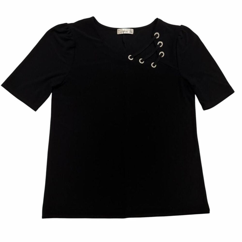 89th + Madison black blouse with lace up detail on the shoulder